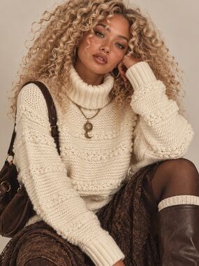Magaschoni Cream Textured Mock Turtleneck Sweater – Chunky Knit Cozy Pullover XS
